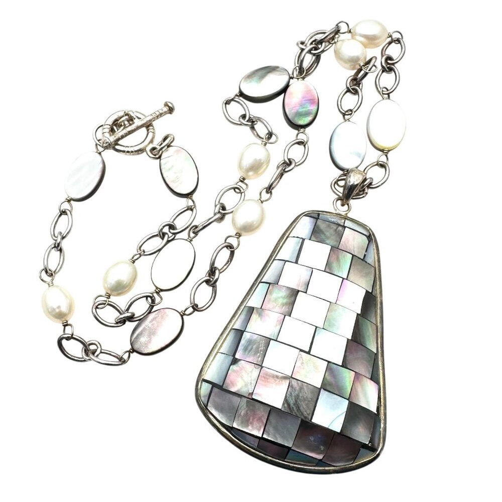 Womens Necklace Sterling Silver Inlay Pearl Pendant LUC 925 Designer